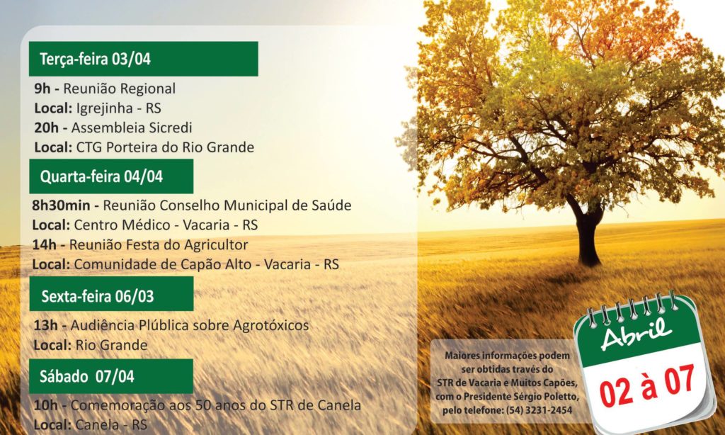 Agenda da Semana de 02 a 07 de abril 2018