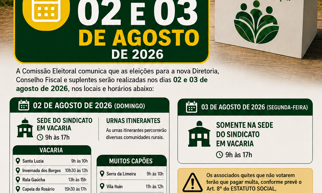 É HOJE E AMANHÃ! PARTICIPE DA ELEIÇÃO DO SEU SINDICATO!